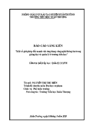 Báo cáo Sáng kiến Một số giải pháp đẩy mạnh việc ứng dụng công nghệ thông tin trong giảng dạy và quản lý ở trường Tiểu học