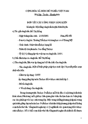 Đơn công nhận SKKN Một số biện pháp giúp học sinh Lớp 3 học tốt phần soạn thảo văn bản