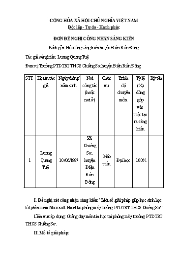 Đơn công nhận SKKN Một số giải pháp giúp học sinh học tốt phần mềm Microsoft Excel tại phòng máy trường PTDTBT THCS Chiềng Sơ