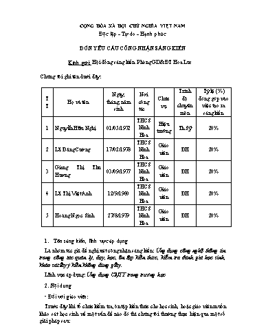 Đơn công nhận SKKN Ứng dụng công nghệ thông tin trong công tác quản lý, dạy, học, ôn tập kiến thức, kiểm tra đánh giá học sinh, khảo sát lấy ý kiến không dùng giấy