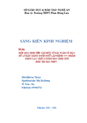 SKKN Giúp học sinh tiếp cận một số bài toán số học, xử lý xâu bằng ngôn ngữ lập trình C++ nhằm nâng cao chất lượng học sinh giỏi môn Tin học Trung học phổ thông