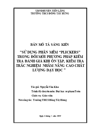 SKKN Sử dụng phần mềm Plickers trong đổi mới phương pháp kiểm tra đánh giá khi ôn tập, kiểm tra trắc nghiệm nhằm nâng cao chất lượng dạy học